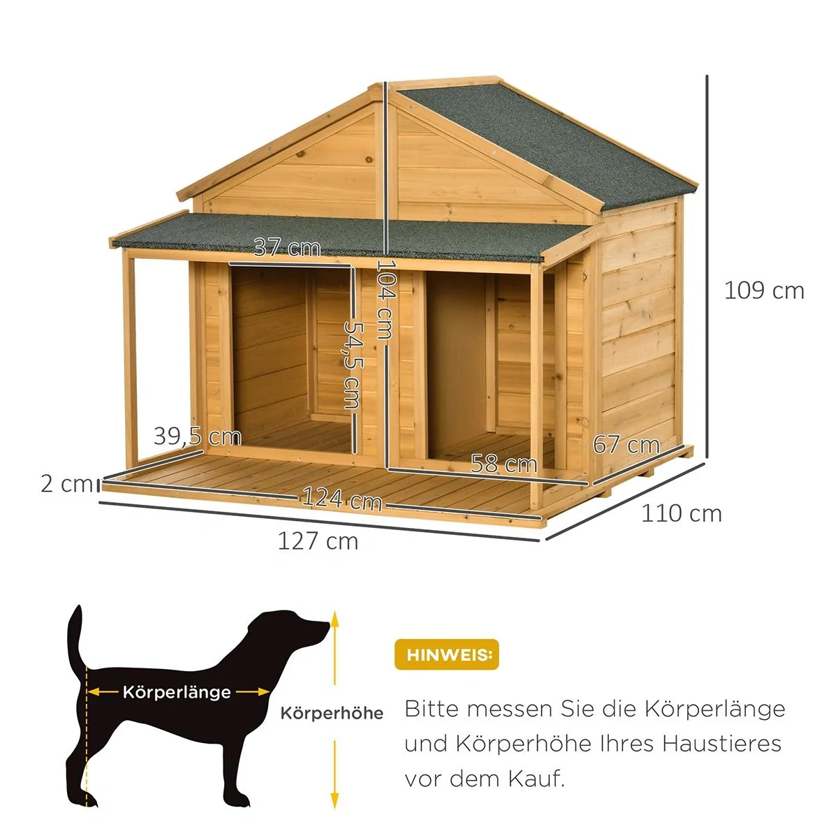 Hundehütte aus Massivholz isoliertes Hundehaus mit 2 Räume Asphaltdach Outdoor Hütte mit Terrasse Gelb+Grün 127 x 110 x - 5