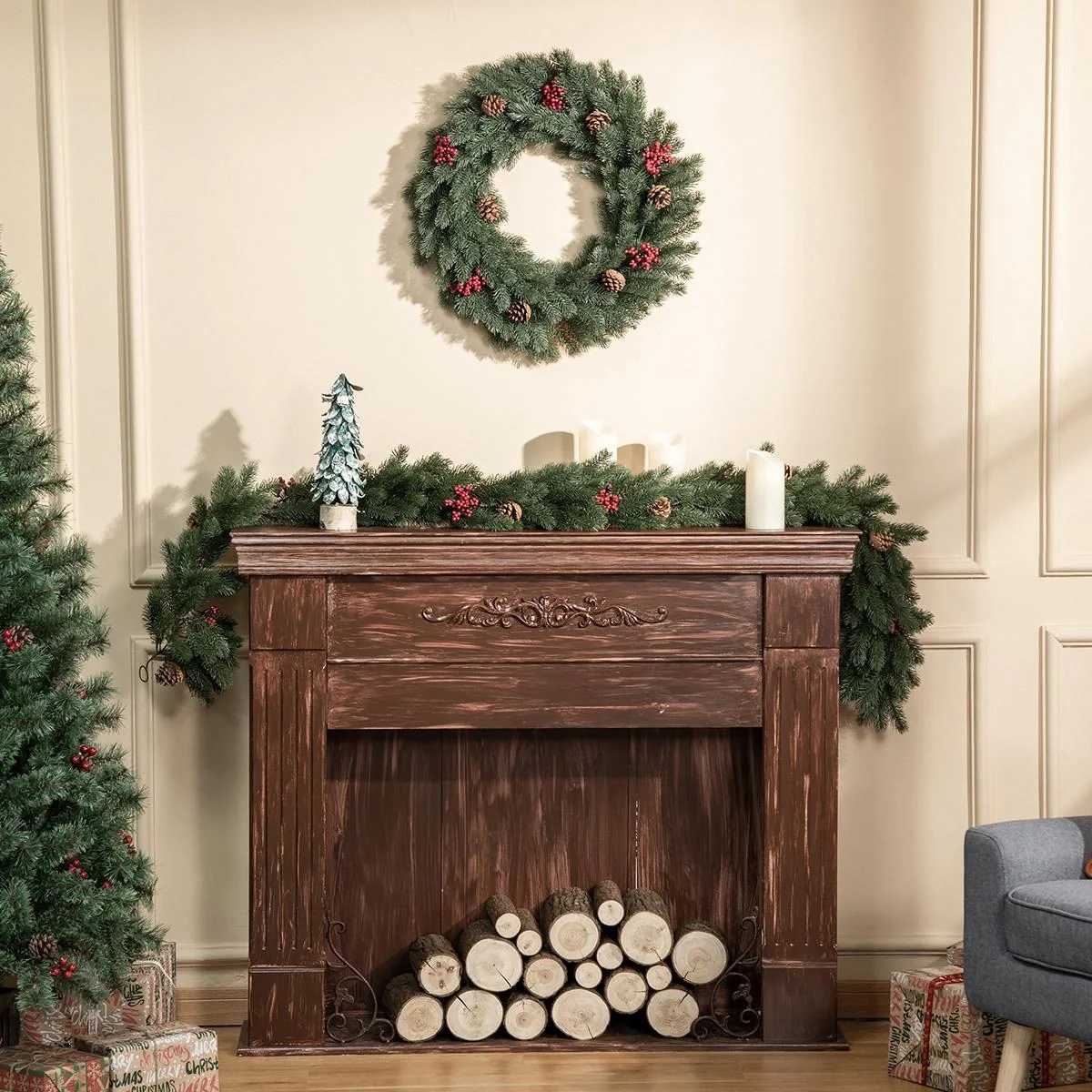 Tannenkranz Türkranz Weihnachtskranz Rückseite mit aufhänge Öse PE Grün Ø60 x 8 cm Weihnachten 60 cm | Aosom.de - 6