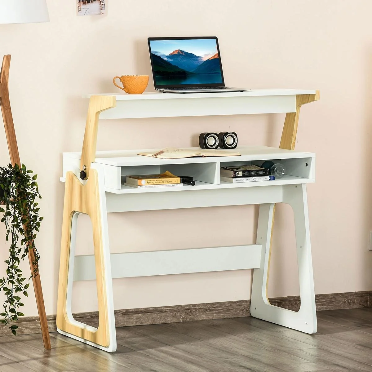 Schreibtisch Stehpult und Sitzpult mit verstellbarem Regal Bürotisch mit 2 Fächer Home-Office helles Kiefer beige Weiß 9 - 4