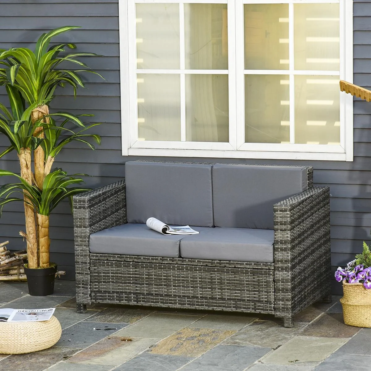 Poly-Rattan Sofa mit Kissen 2-Sitzer Garten Loungesofa Metall Polyester Grau 130 x 70 x 80 cm - 4
