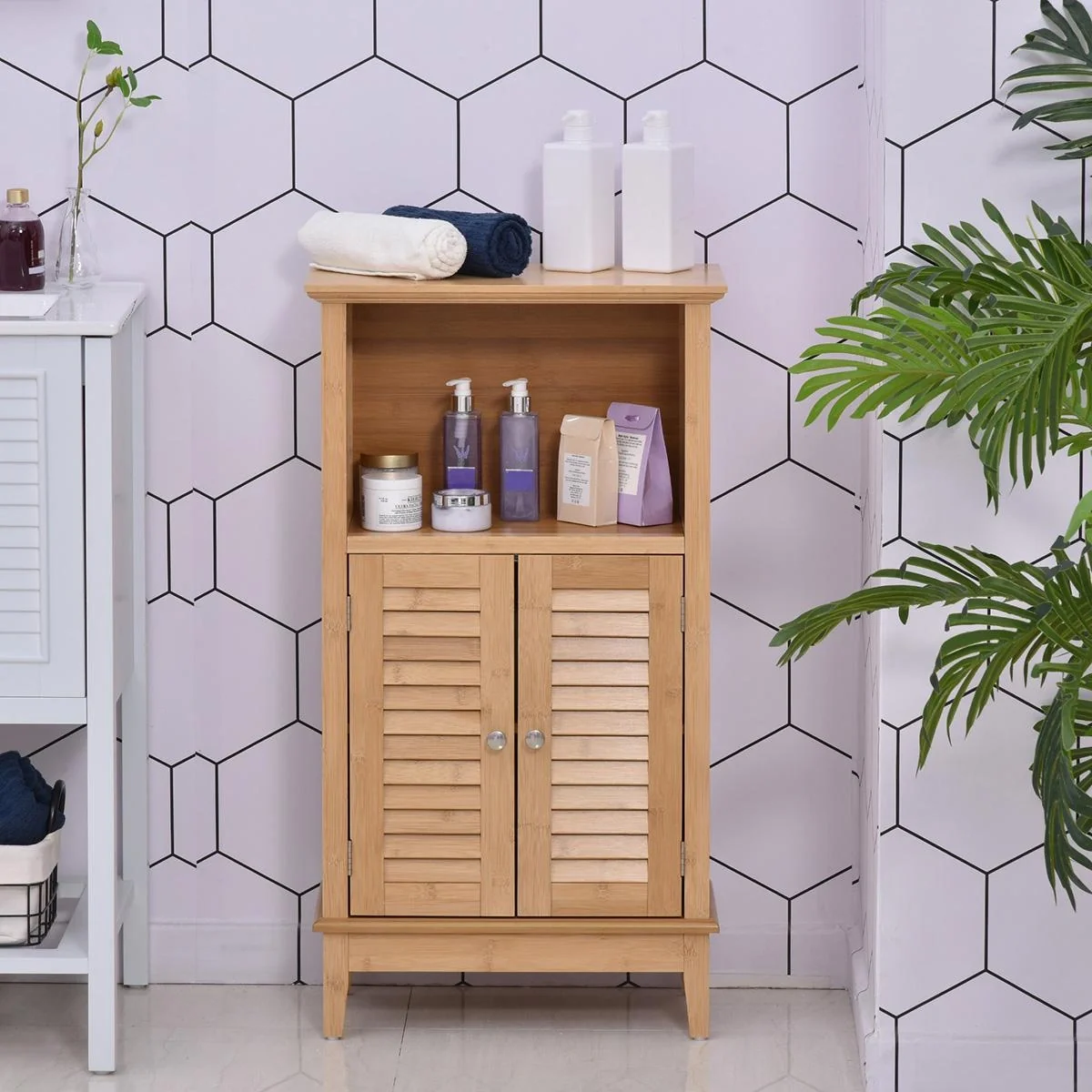 Badzimmerschrank mit offenem Regal, Badregal, Badezimmer Standregal, Bambus, Natur, 50 x 25,5 x 92 cm - 5