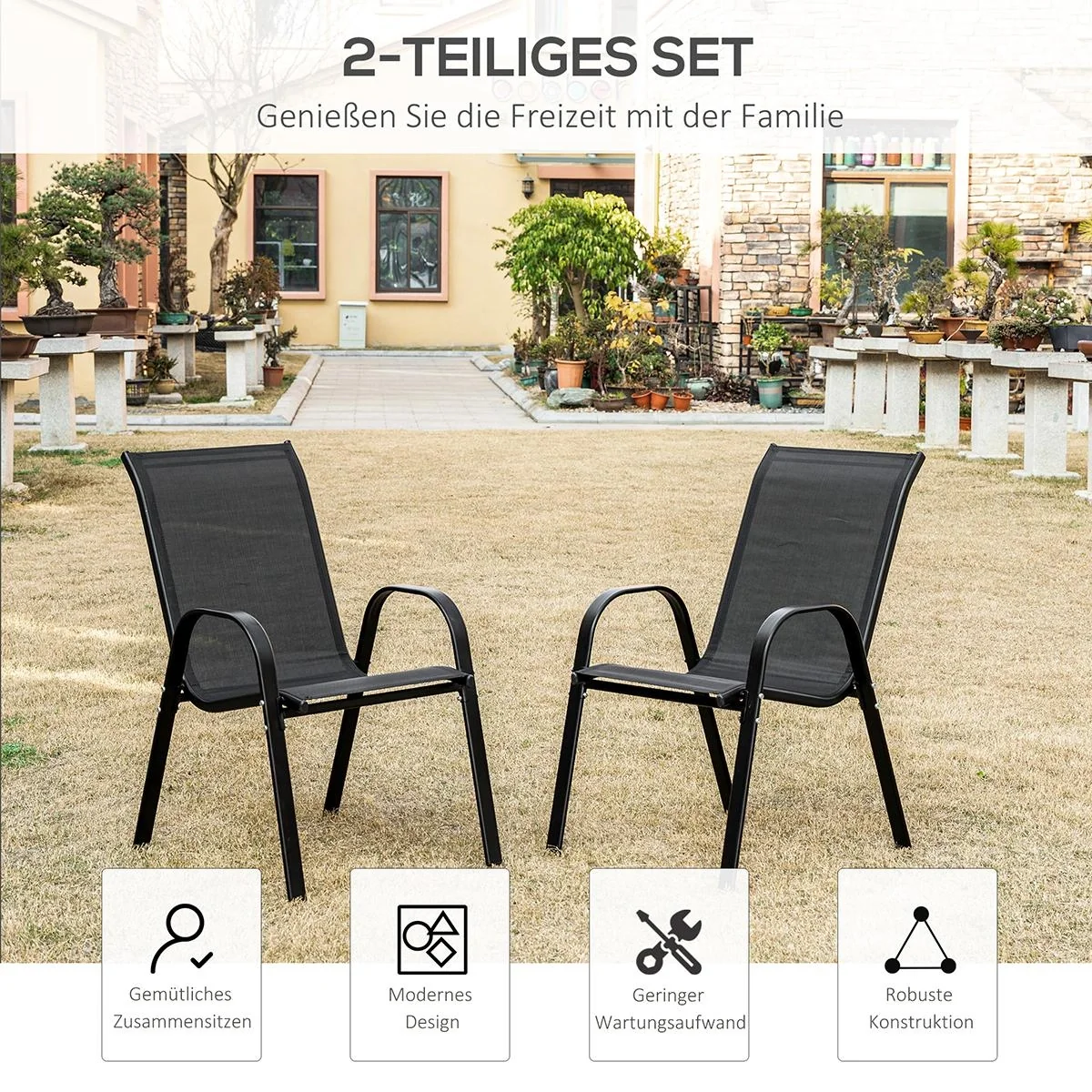 2er Set Gartenstuhl Stapelstuhl mit Armlehne Essstühle Garten Metall Mesh-Gewebe Schwarz 70 x 54 x 90 cm - 5