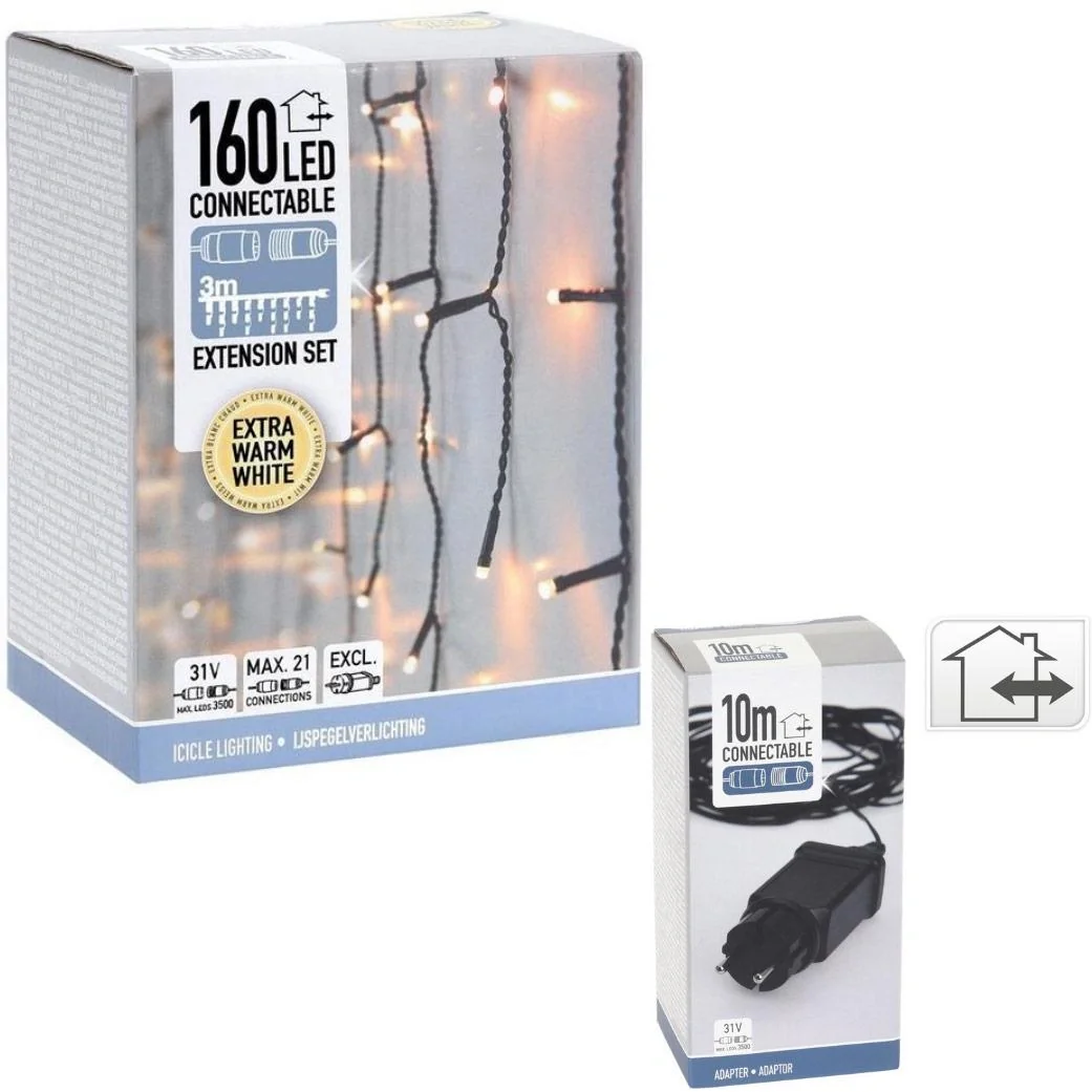 Weihnachtsbeleuchtung - Verkettbar - 160 LED - 3 Meter - Warmweiß + INCL. Adapter mit 10 Meter Kabellänge - 1