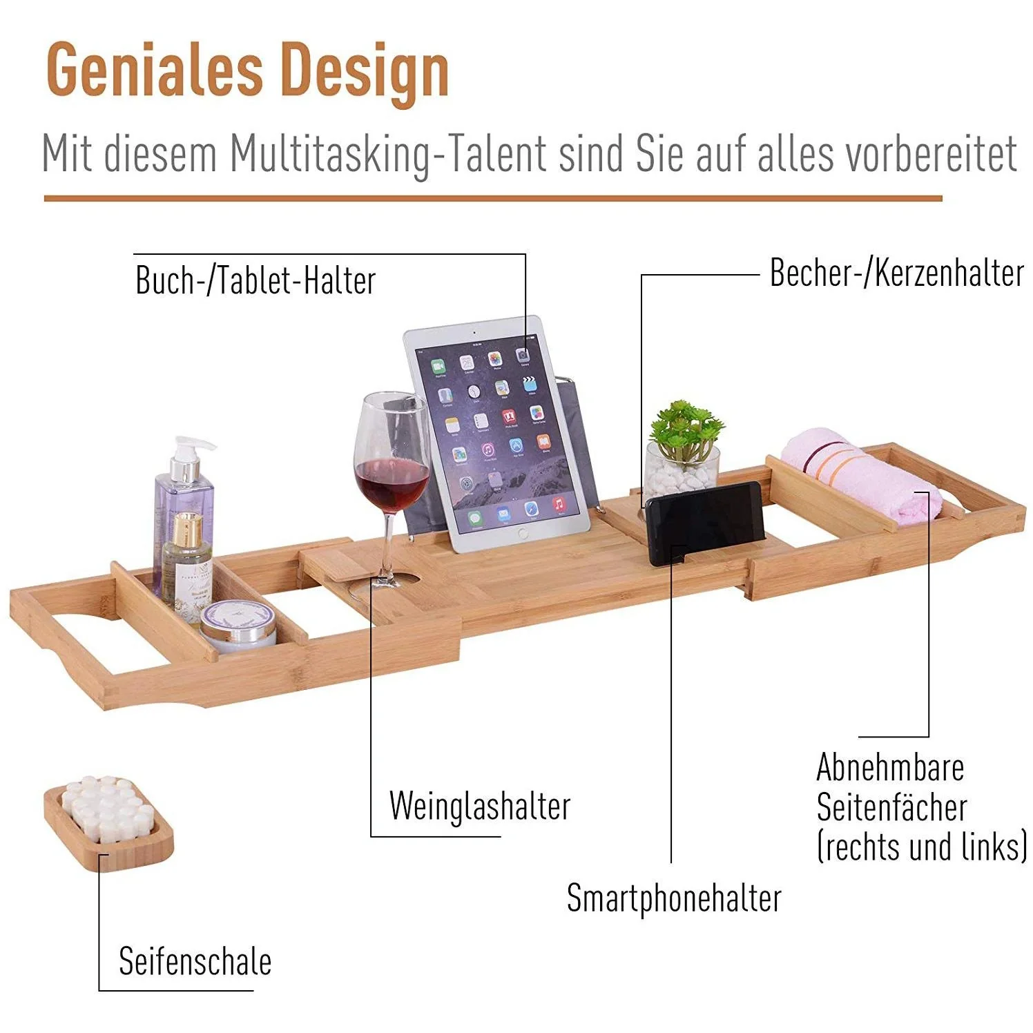 Badewanne Badewannenregal Badewannenablage größenverstellbar Bambus Natur (73,5 108) x 17 x 5 cm - 2