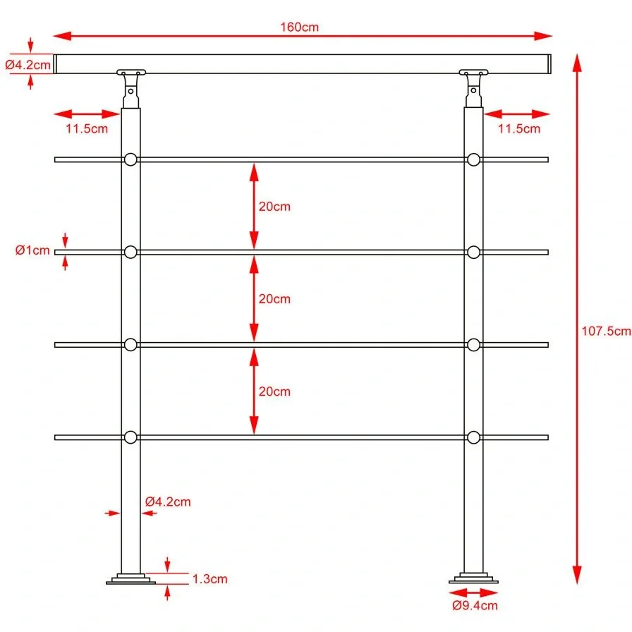 Geländer - Edelstahl - 160 cm - 4 Pfosten - 2