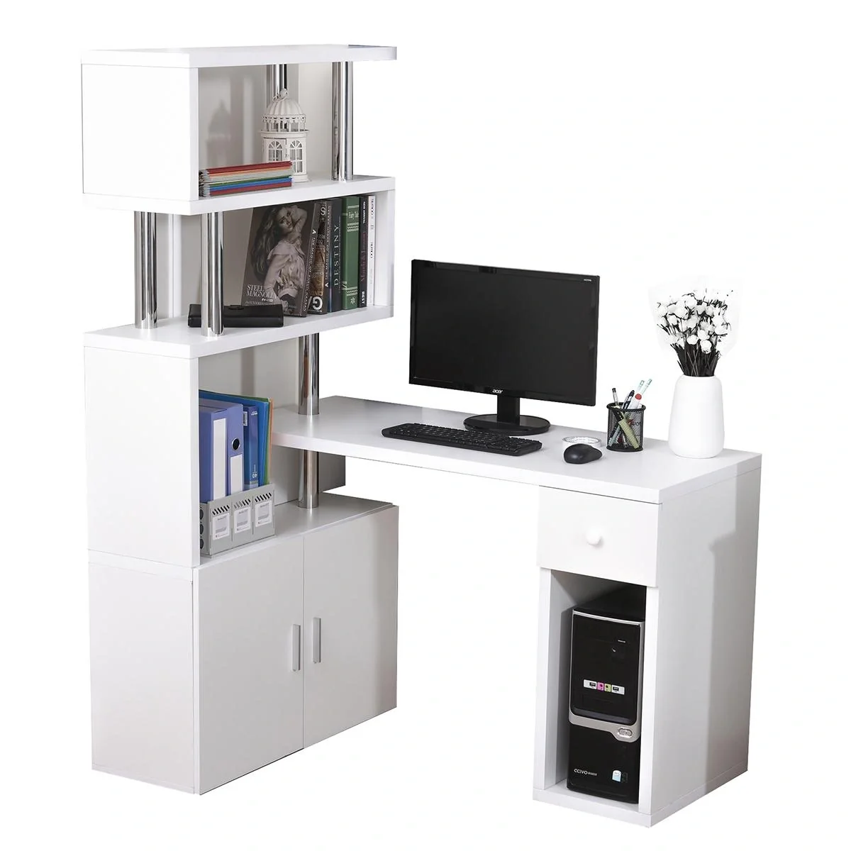 Schreibtisch in L-Form/I-Form Eckschreibtisch Computertisch Kombination-Tisch mit Bücherregal und Schublade Wabenplatte - 4