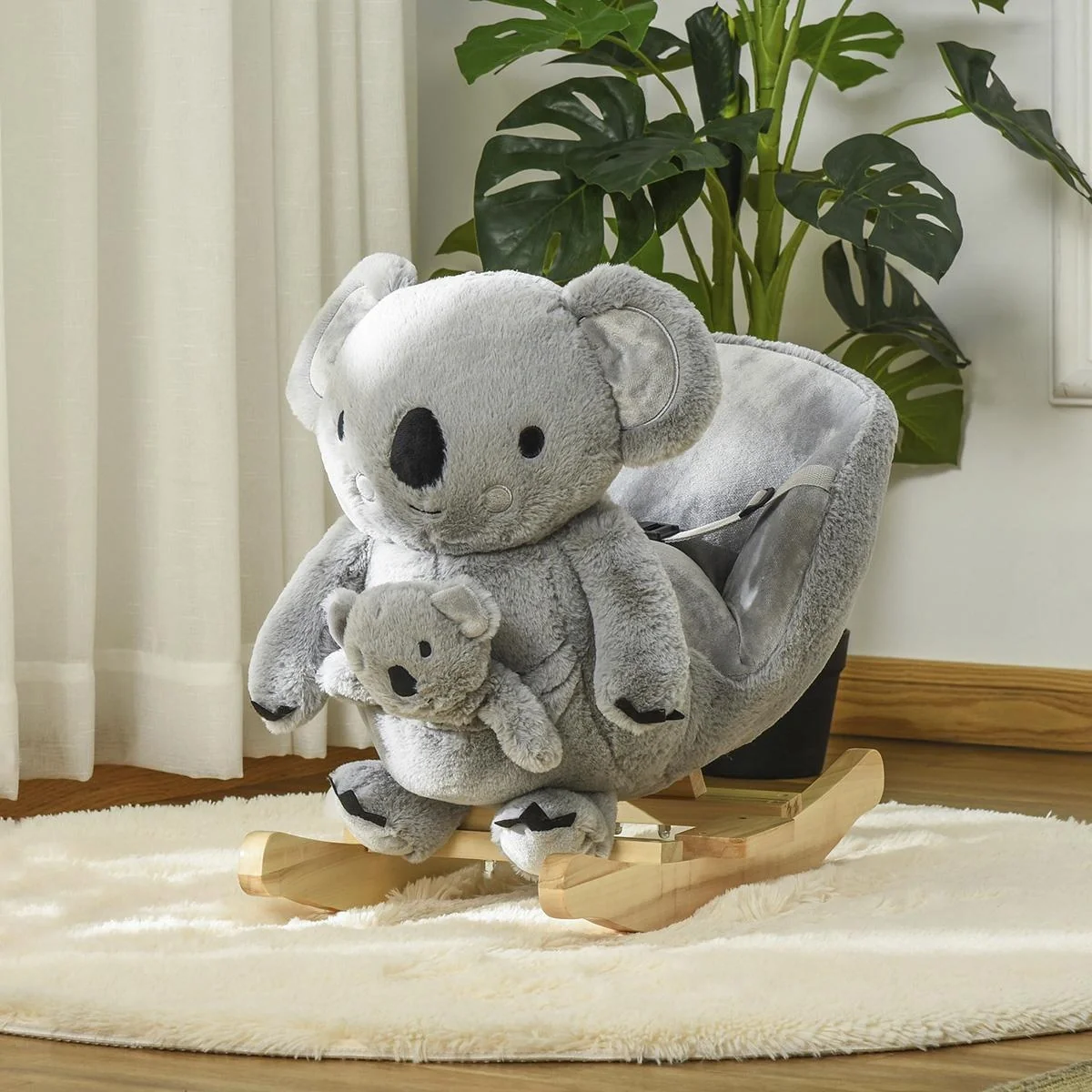 Schaukelpferd Plüsch Schaukeltier Babyschaukel mit Koala-Rufen Spielzeug für 18-36 Monaten Koala-Design Plüsch Holz Grau - 4