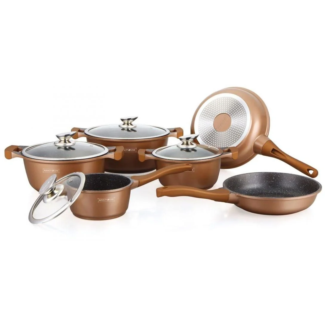 NL 10-teiliges Pfannenset mit Marmorbeschichtung - mit Glasdeckeln - Kochpfanne - Bratpfanne - Kupfer - 1