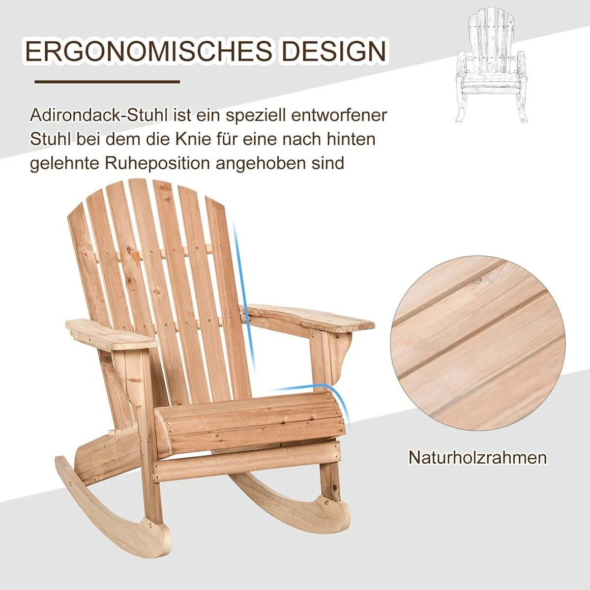 Adirondack Gartenstuhl Schaukelstuhl Schaukelsessel Gartensessel Gartenmöbel Balkonstuhl Natur 77 x 94 x 97 cm - 5