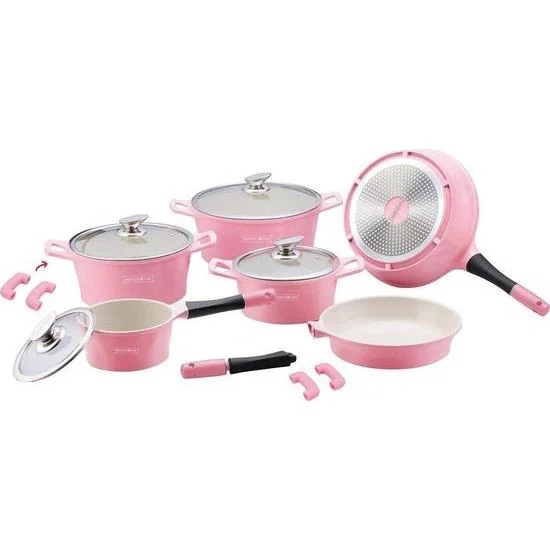 14 Stück Marmorbeschichtetes Kochgeschirr - Pink - 1