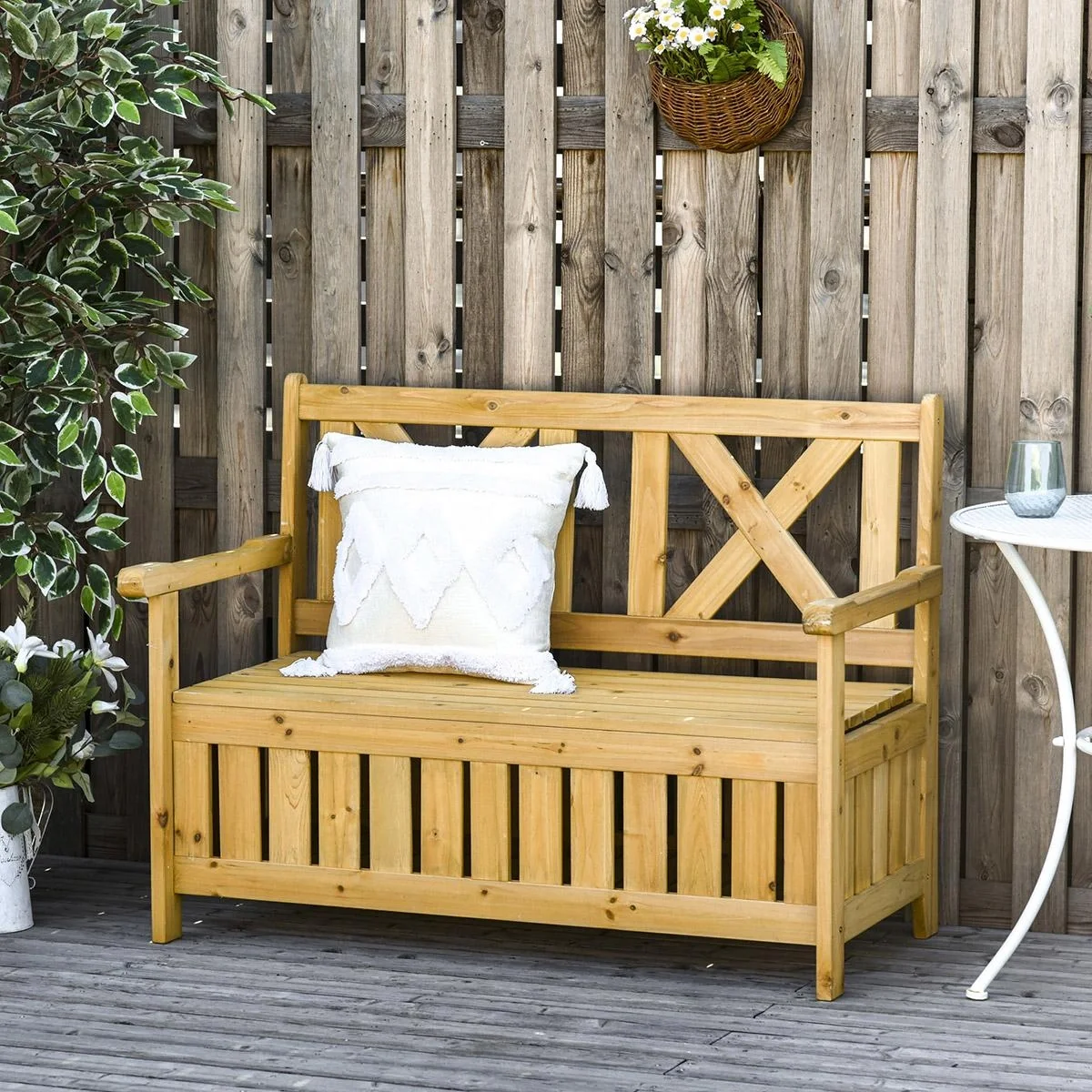 2-Sitzer Sitzbank mit Stauraum Gartenbank Holzbank Bank mit Armlehnen Massivholz Gelb 115 x 61 x 85 cm - 4