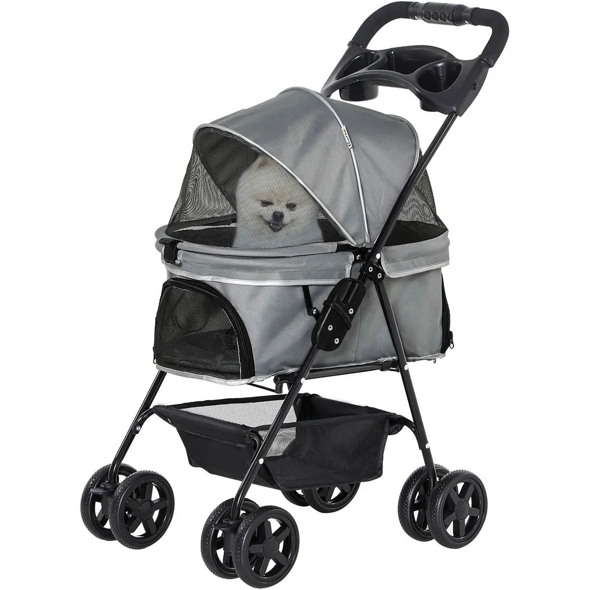 Hundebuggy mit Klappfunktion Hundewagen Buggy für Hunde und Katzen Haustierwagen Katzenbuggy Oxford Grau 67 x 45 x 96 cm - 5