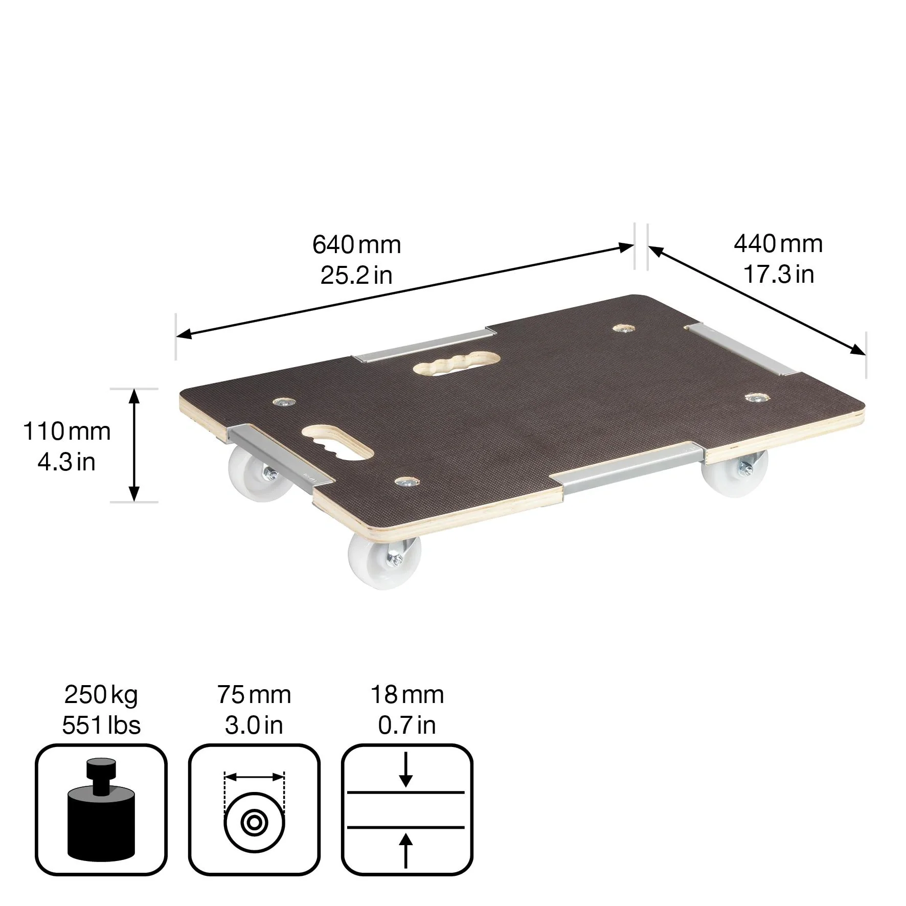 Transporthilfe MM 1381, 63 x 43 x 11 cm, harte Rollen Ø 75 mm, Rollenlager, Sicherung, Platte FSC®, Tragkraft 250 kg - 9