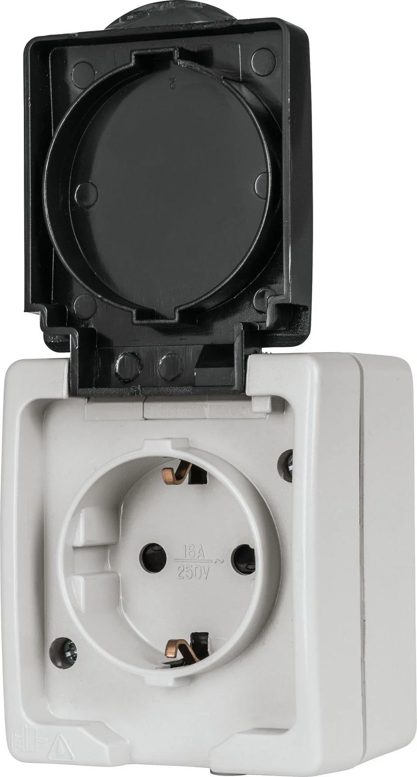 Aufputz-Feuchtraum Schutzkontakt Steckdose 1-fach mit Klappdeckel, 2-polig - 4