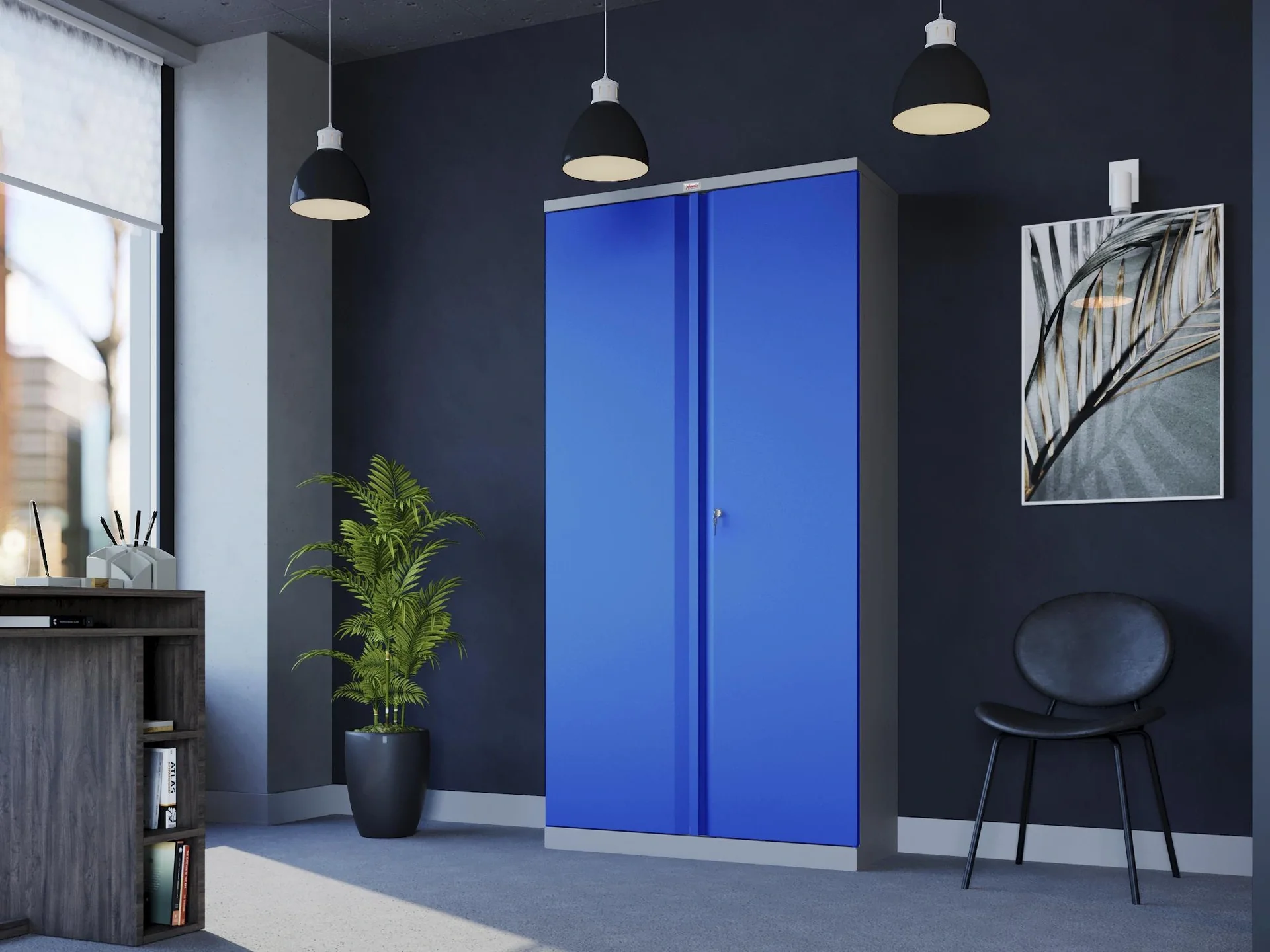 Aufbewahrungsschrank SCL-Serie aus Stahl mit 2 Türen und 4 Regalen mit Schlüsselschloss, grau-blau - 6