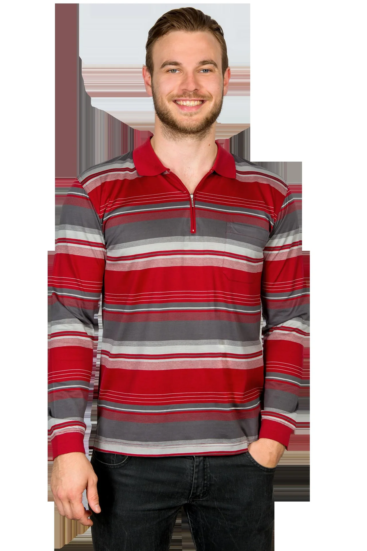 Poloshirt mit Reißverschluß, Farbe rot/gestreift, Gr.2XL - 3