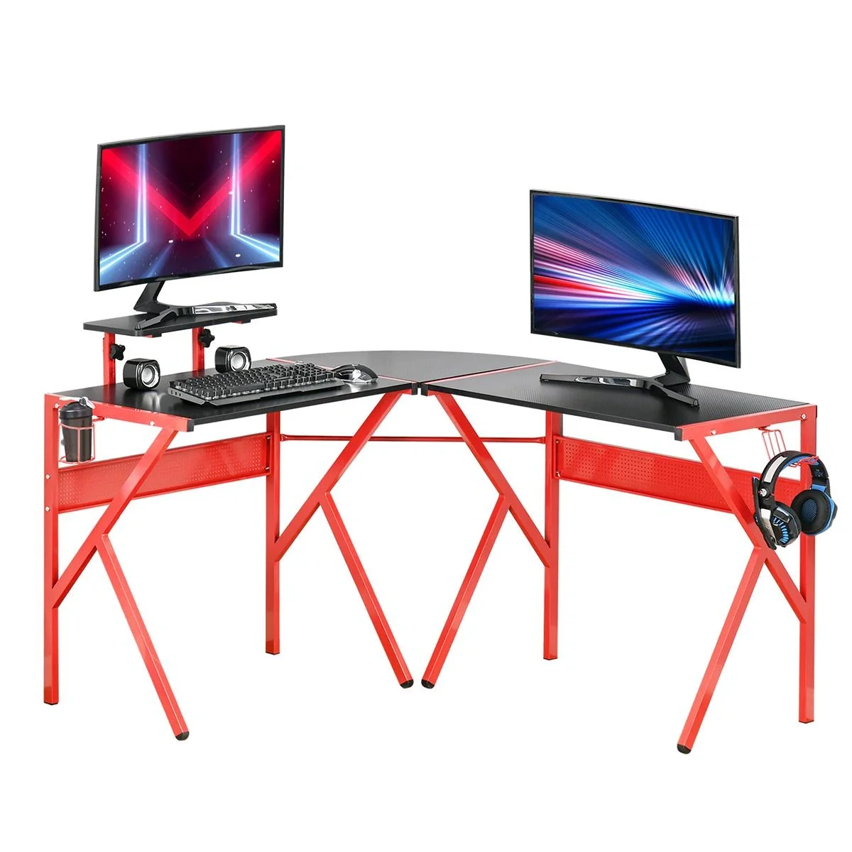 Computertisch mit höhenverstellbarer Monitorablage Schreibtisch mit Becherhalter Kopfhörerhaken L-förmiger Bürotisch mit - 4