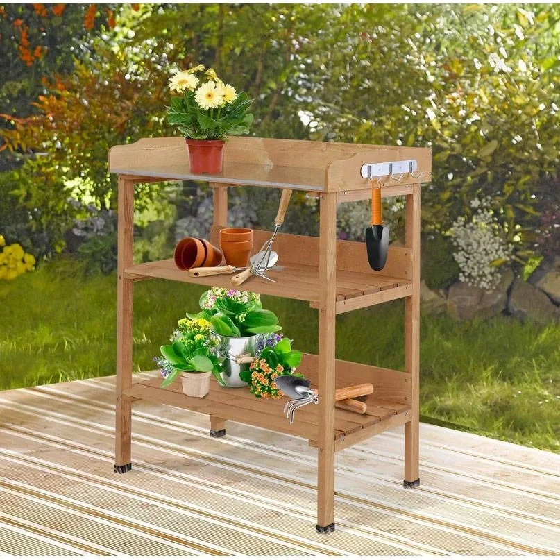 Pflanztisch Gärtnertisch Blumentisch mit Metall Arbeitsfläche Garten Holz - 3