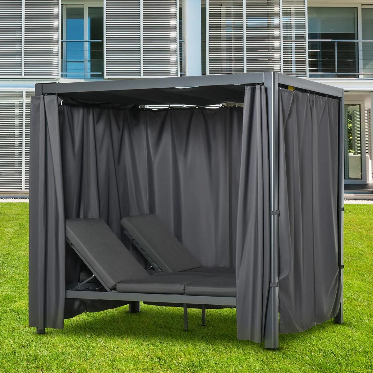 Sonnenliege für 2 Personen Doppelliege mit Vorhängen Sonnendach Pavillon Gartenliege Sonnenbett vertsellbar Aluminium Po - 4