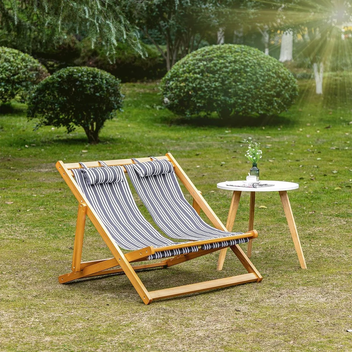 Gartenliege für 2 Personen, klappbar, bis zu 200 kg, Teak+Grau+Weiß, 108 x 105 x 85 cm - 6