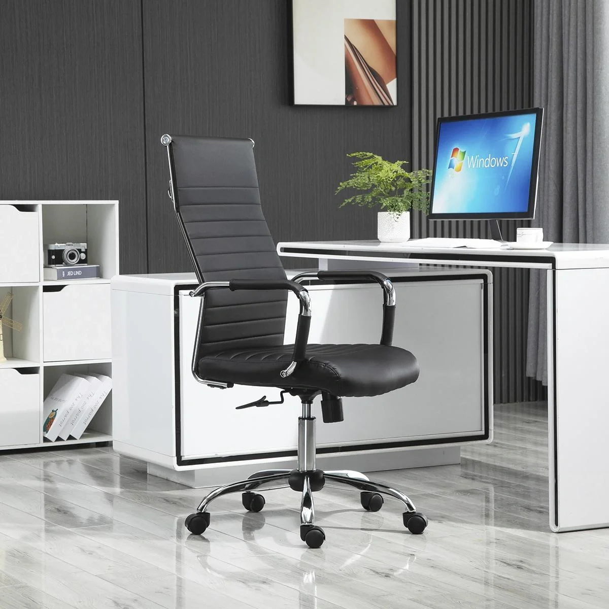 Bürostuhl Gaming Drehstuhl Chefsessel Wippfunktion höhenverstellbar gepolstert ergonomisch PU-Leder Schaumstoff Schwarz - 4