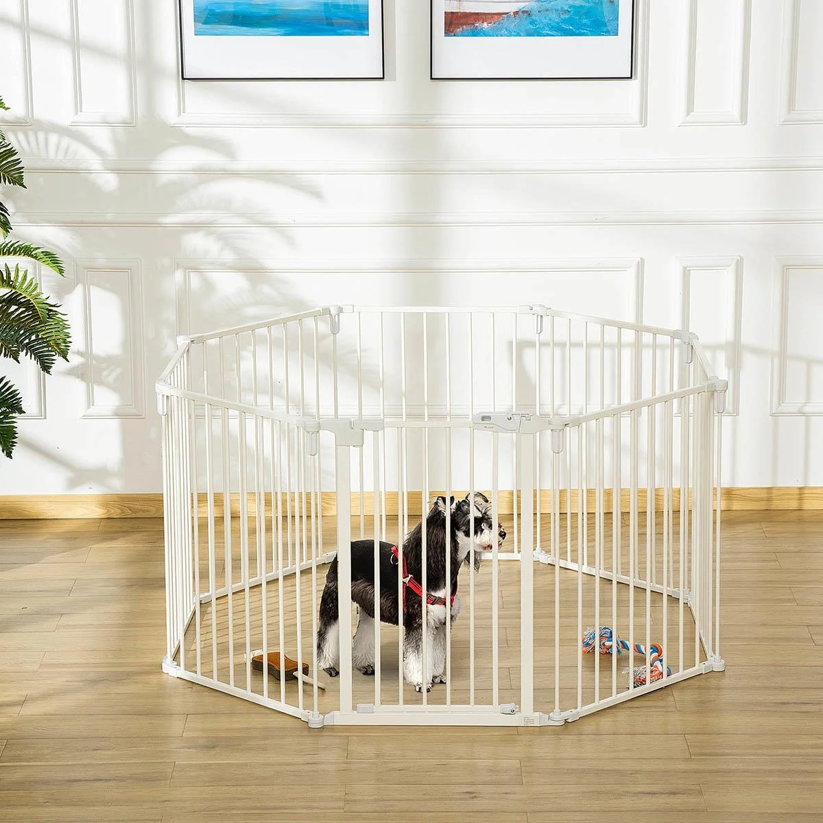 Welpenauslauf Freigehege für Hund Schutzgitter mit Tür Kaminschutzgitter flexible klappbar 8 Paneele je 60 x 76 cm Weiß - 5