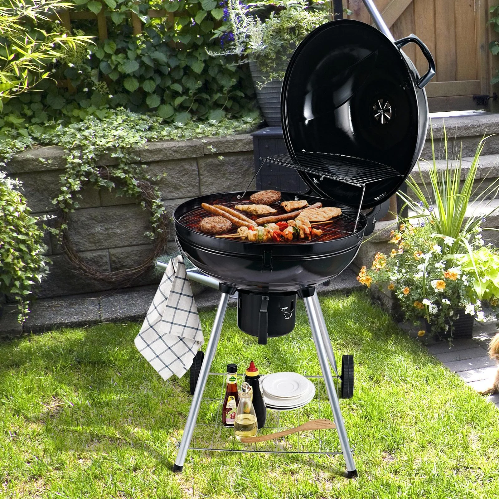 Grillwagen Kohlegrill Standgrill Kugelgrill BBQ rund mit Aschefänger Metall Schwarz Ø57 x 94 cm - 8