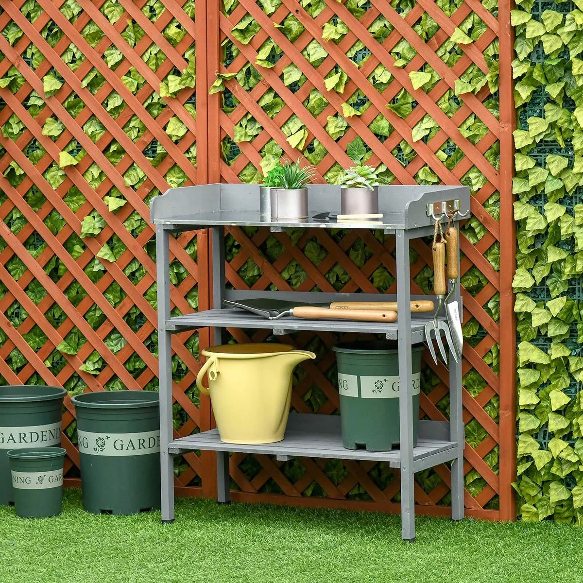 Pflanztisch Gärtnertisch Blumentisch mit Metall Arbeitsfläche Garten Holz Grau 76 x 37 x 89 cm - 5