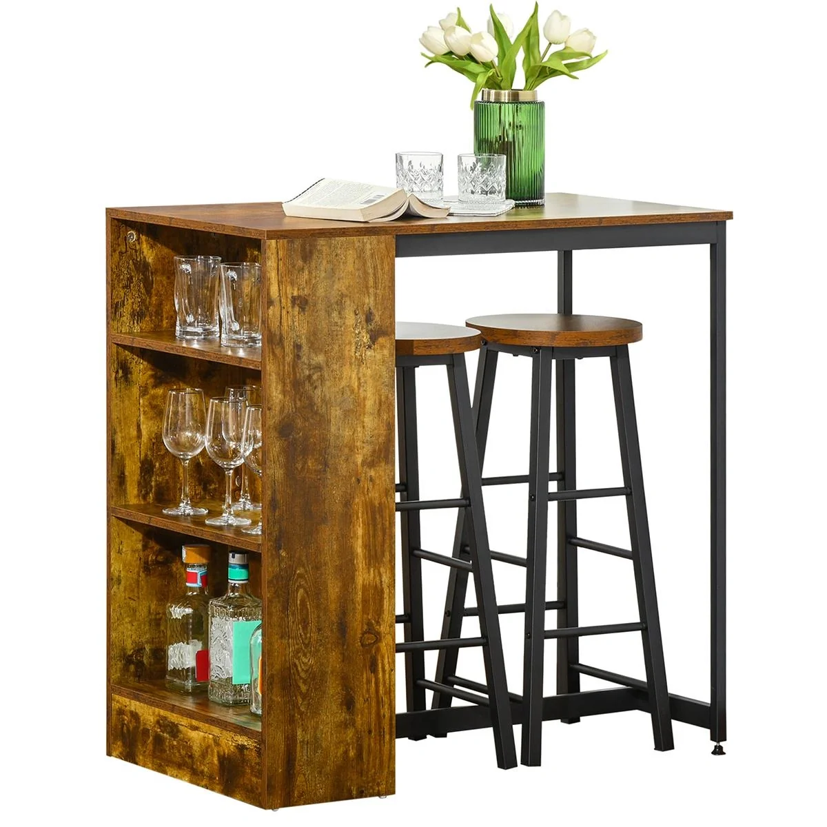Bartisch-Set Stehtisch mit 2 Barhockern 3-teiliges Tischset Küchentresen mit 3-stufiges Seitenregal Industrie Design Sp - 4