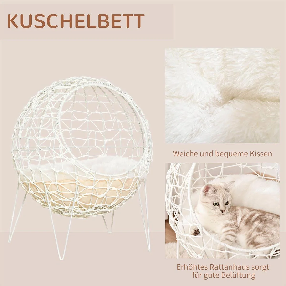 Rattan Katzenkorb Katzenhöhle Katzenhütte Katzenbett mit Kissen erhöhtes Design Haustierbett Cremeweiß Ø45 x 57H cm - 5