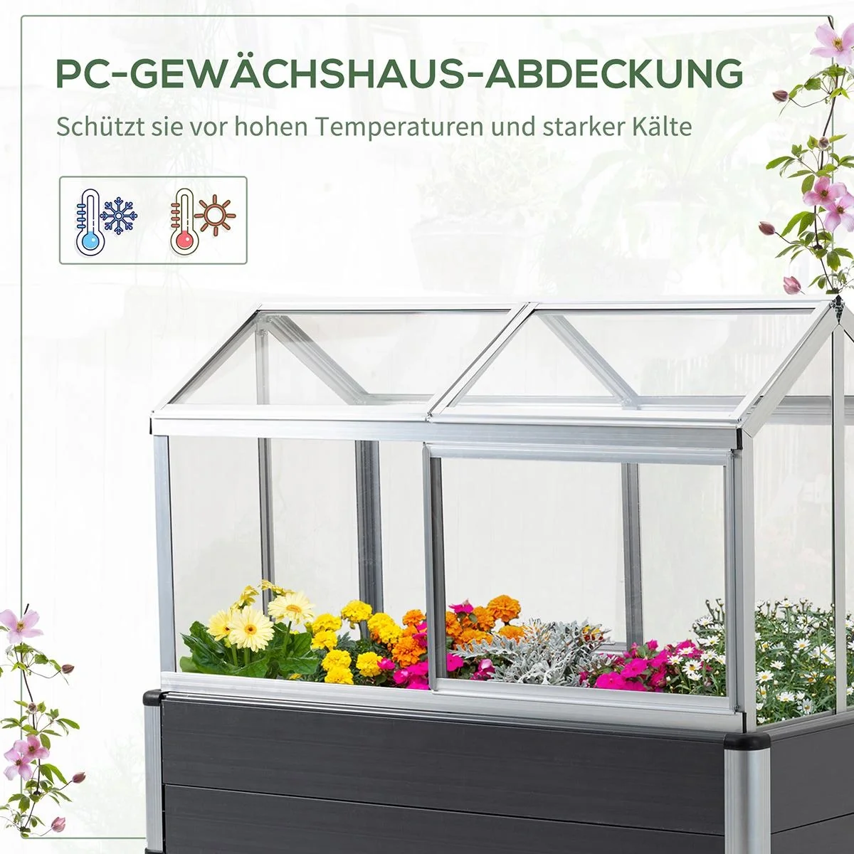 Hochbeet mit Frühbeet Aufsatz aus Aluminium für Garten Terrasse Balkon Kräuterbeet Pflanzkasten Grau 113,5 x 61 x 128,5 - 4