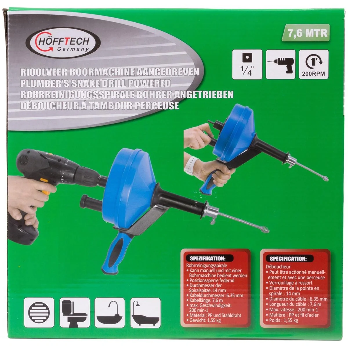 NL Kraftbetriebener Abflussentstopfer - 7,6 m - Durchmesser der Spiralspitze 14 mm - 4