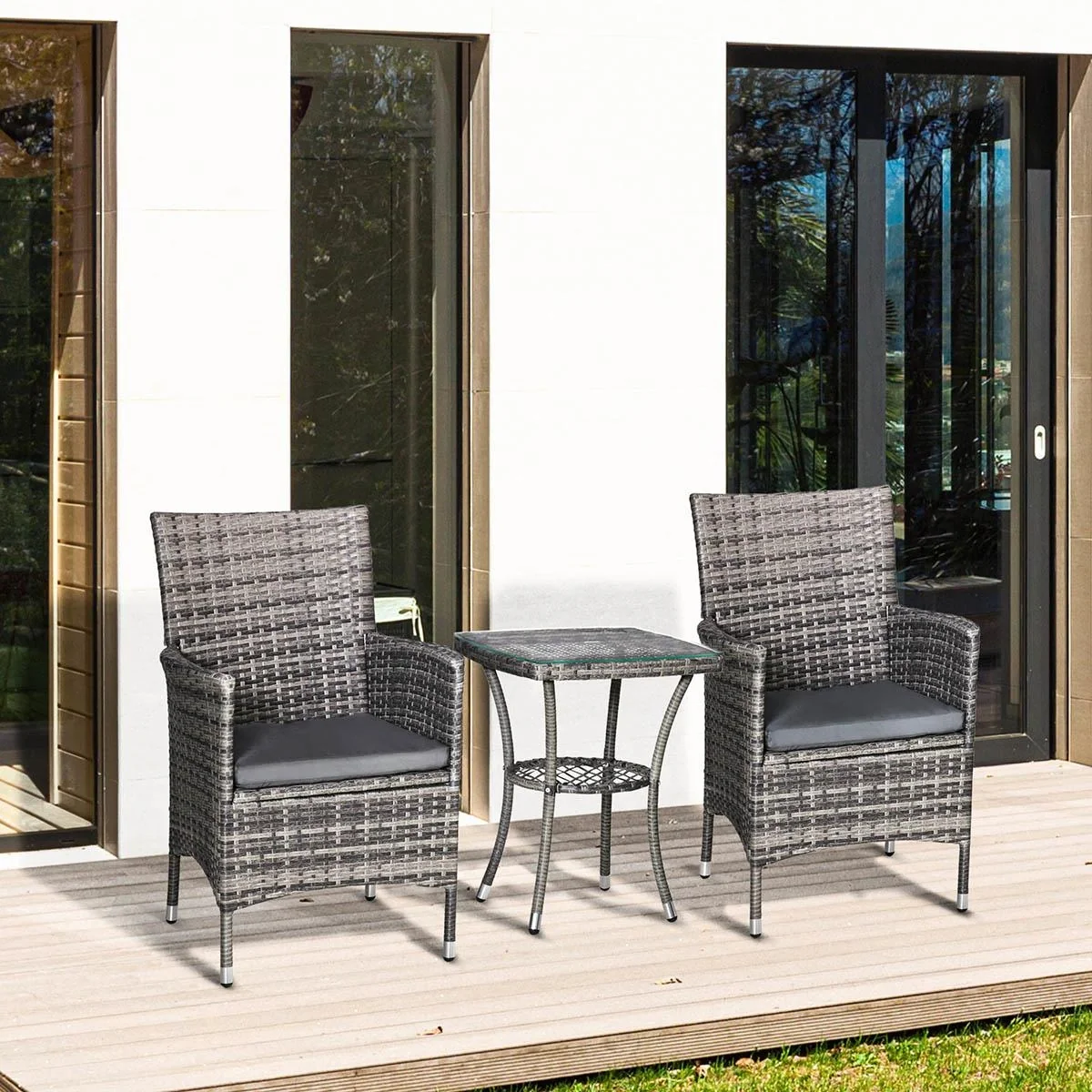 3-tlg. Garten-Set mit Beistelltisch, Polyrattan, Stahl, 60 x 58,5 x 89,5 cm, Grau - 5