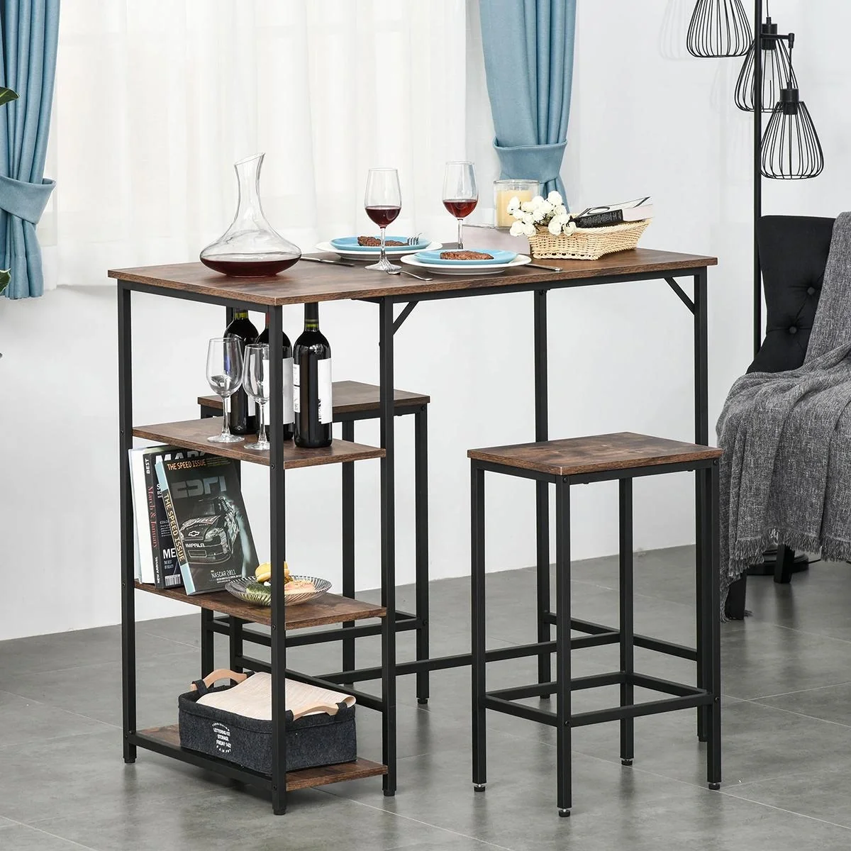Bartisch-Set Stehtisch mit 2 Barhockern 3-teiliges Tischset Küchentresen mit Regale Spanplatte Stahl Rustikales Braun+Sc - 4