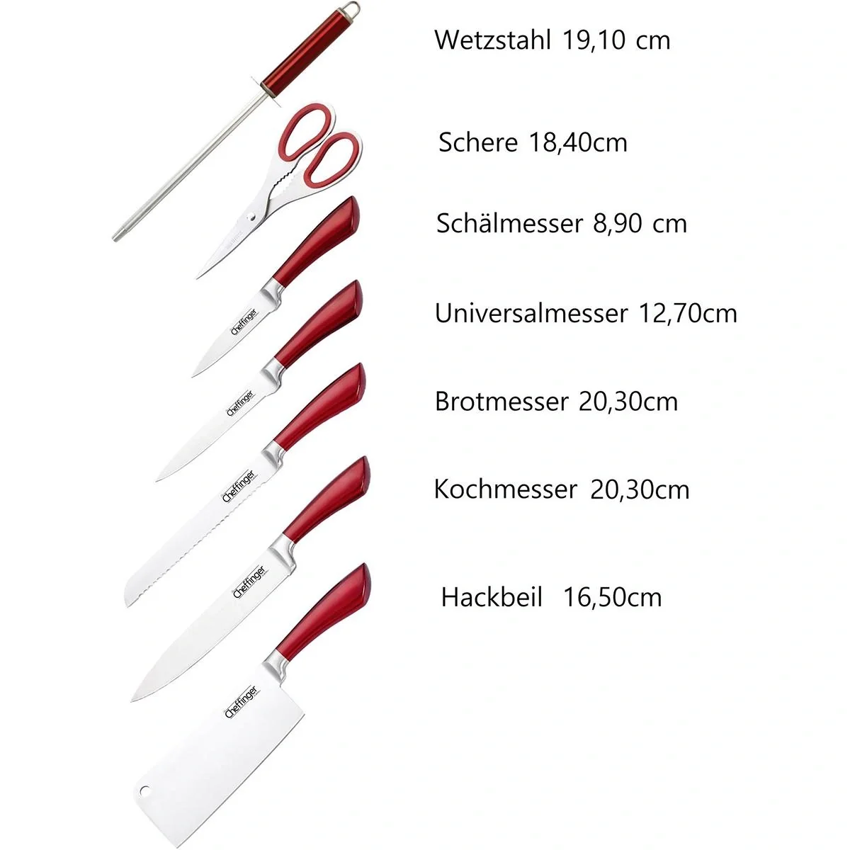 Cheffinger 8-teiliges Messerset mit Ständer - Silber/Rot - 3