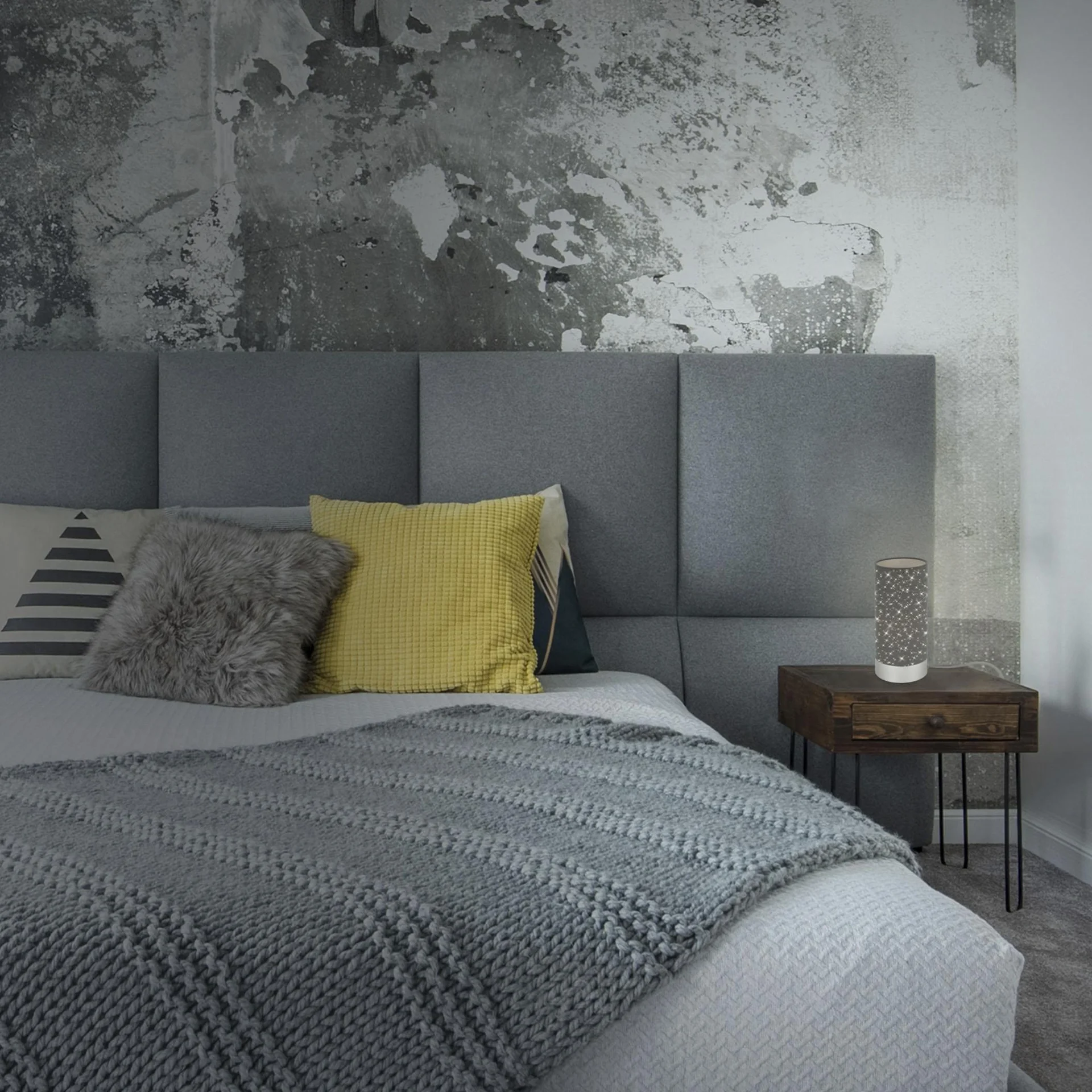 STEA Tischleuchte, matt- chrom,  Stoff grau mit Sternendekor, Kabelschalter, E14 Fassung - 7