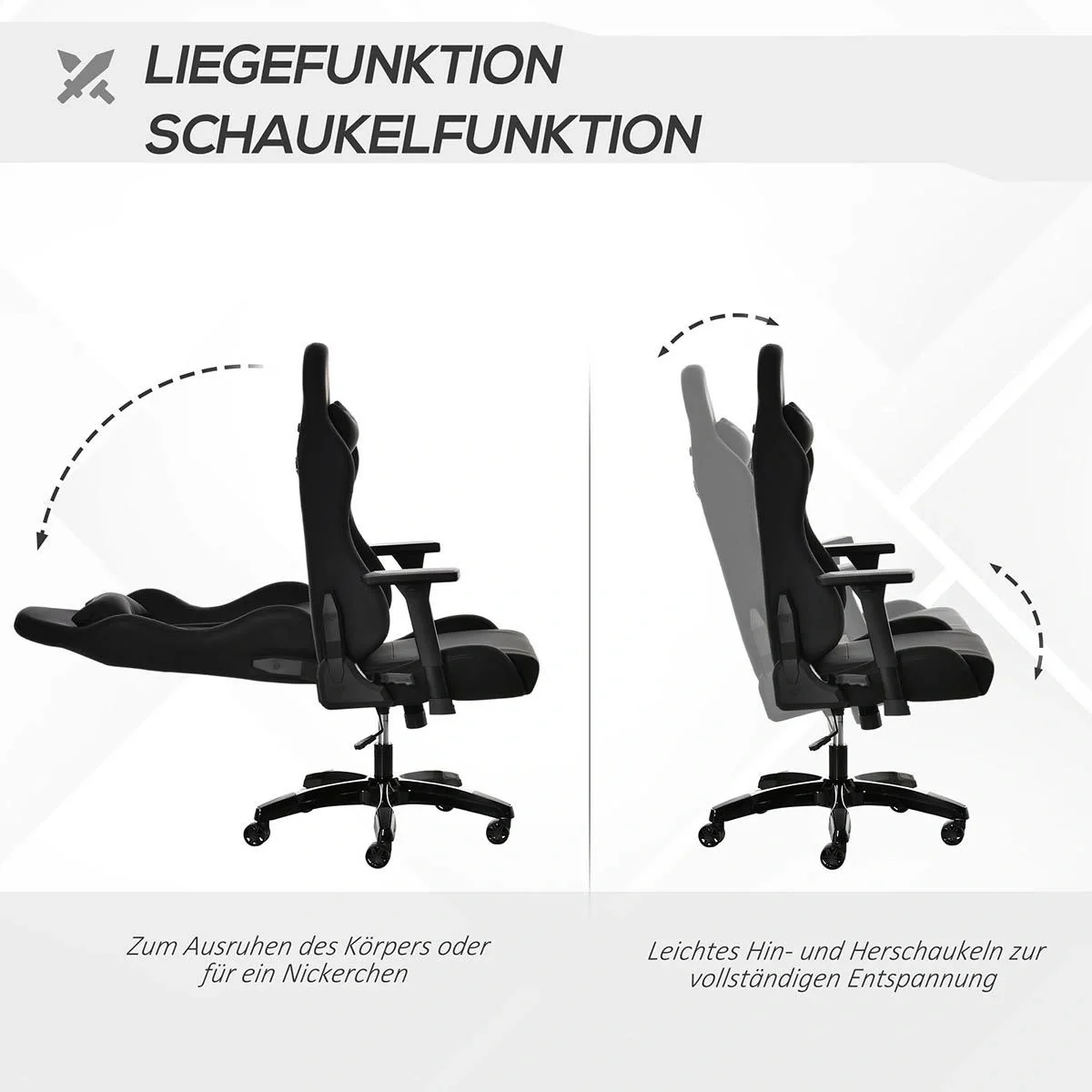 Gaming Stuhl mit Wipp- & Liegefunktion Bürostuhl ergonomischer Drehstuhl mit Kopfstütze Lendenkissen höhenverstellbar 90 - 5