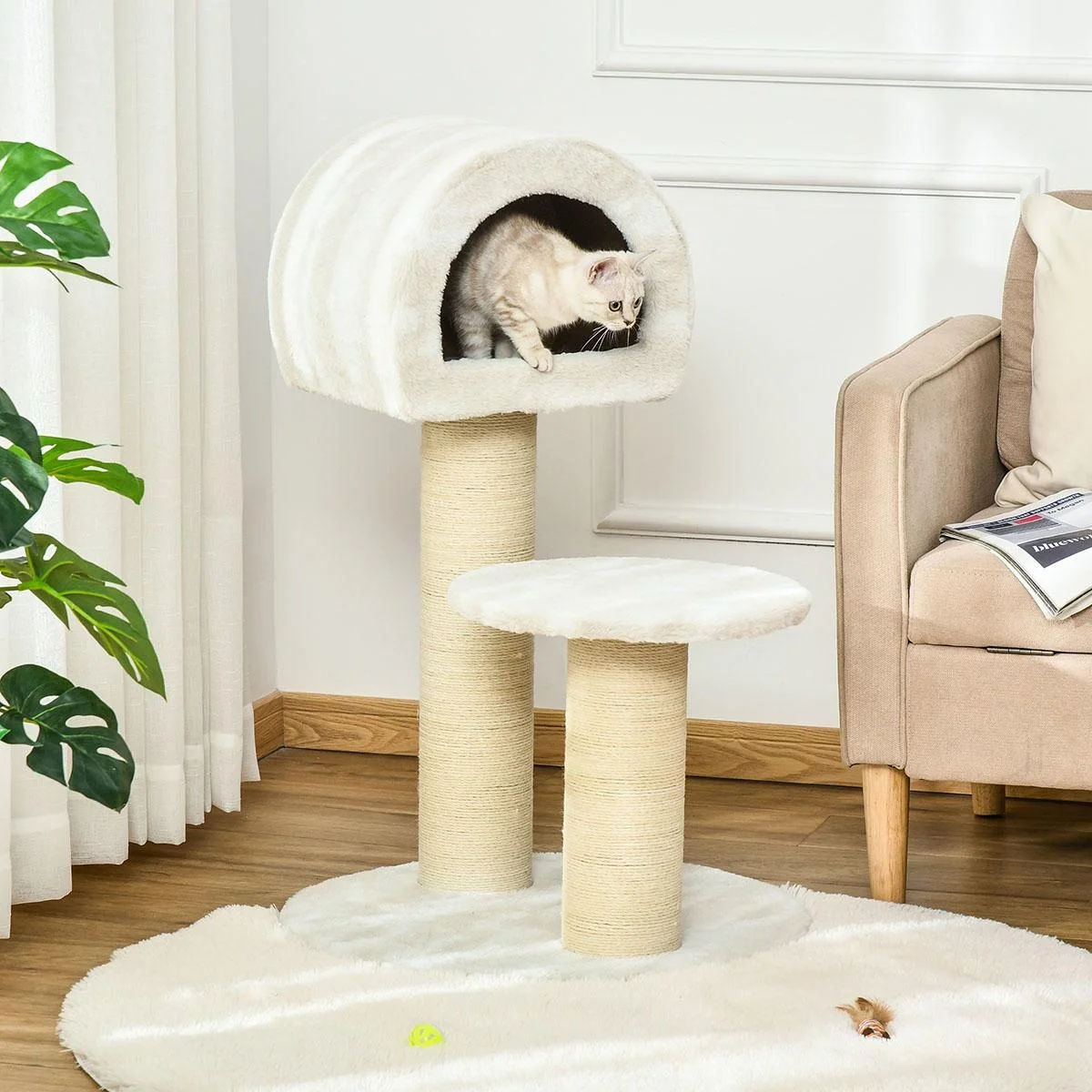 Katzenkratzbaum Katzenspielzeug Kletterbaum Sisal Polster Liegefläche mit Ball Spanplatte samtartiges Polyester Sisal Be - 3