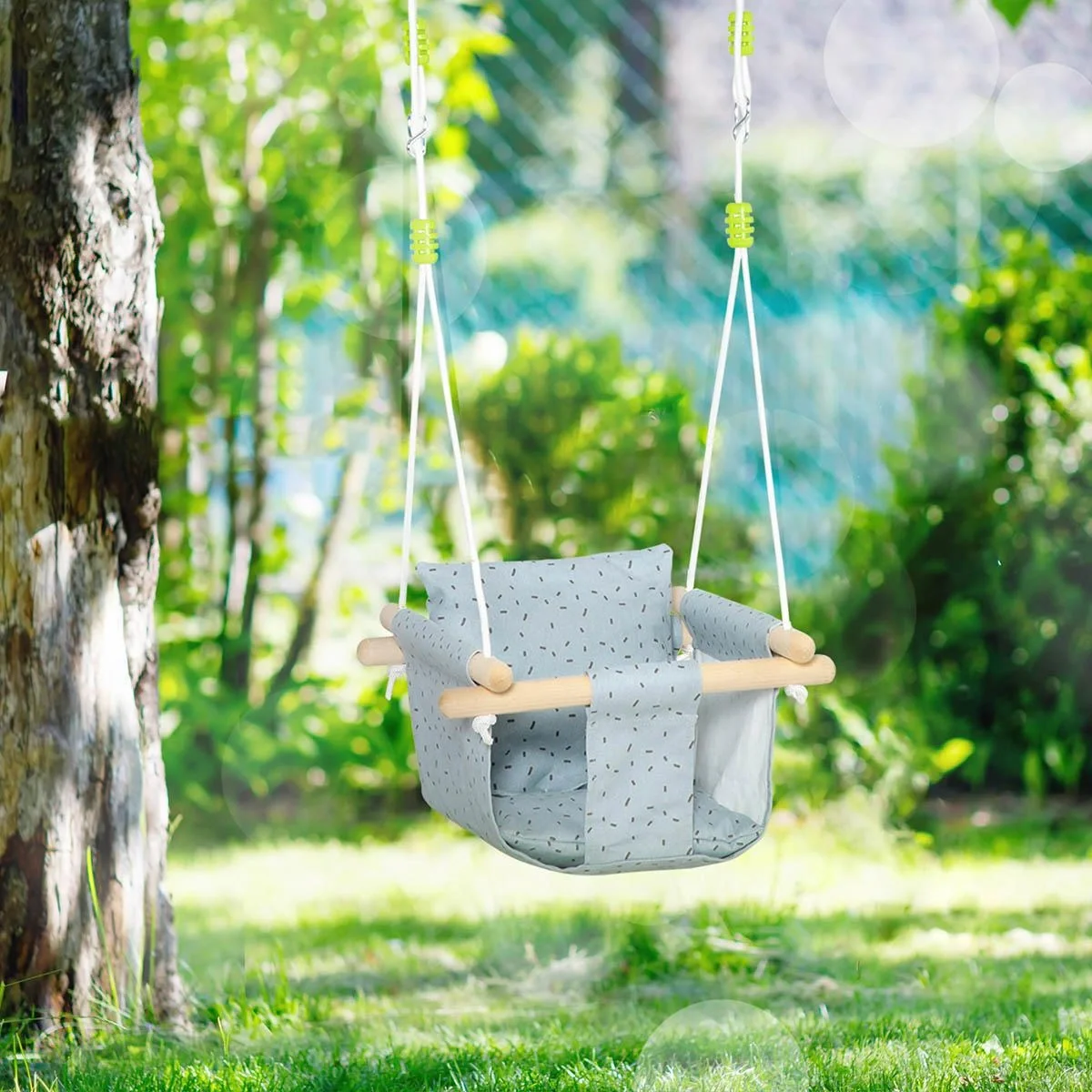 Kinderschaukel mit Sicherheitsgurt, Holzgestell, grau, 40 x 40 x 180 - 5