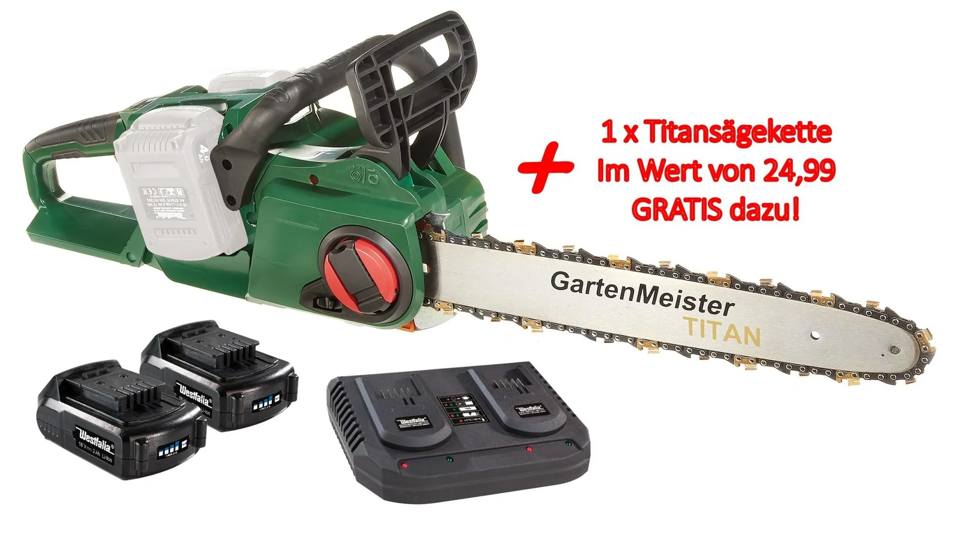 Set Akku-Kettensäge + 2 x Akku 2 Ah + Doppelschnell-Lader+Kette - 2