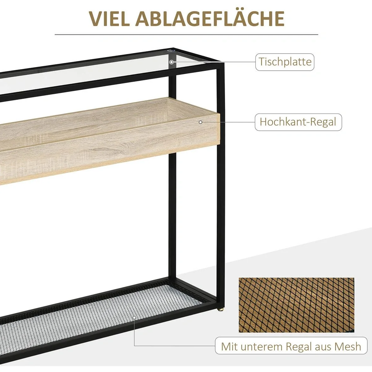Standregal Sideboard mit Glasoberfläche offenen Fächern Beistellschrank Bücherregal Küchenregal industrieller Stil für W - 4