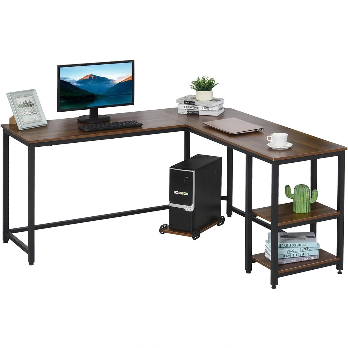Computertisch, L-förmiger Eckschreibtisch, Schreibtisch, Bürotisch, MDF+Stahl, Walnussfarbe+Schwarz, 150 x 150 x 76 cm - 4