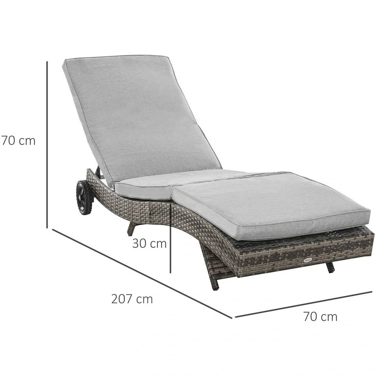 Liegestuhl mit Kissen, Rattanoptik, grau, 207 x 70 x 70 cm - 6
