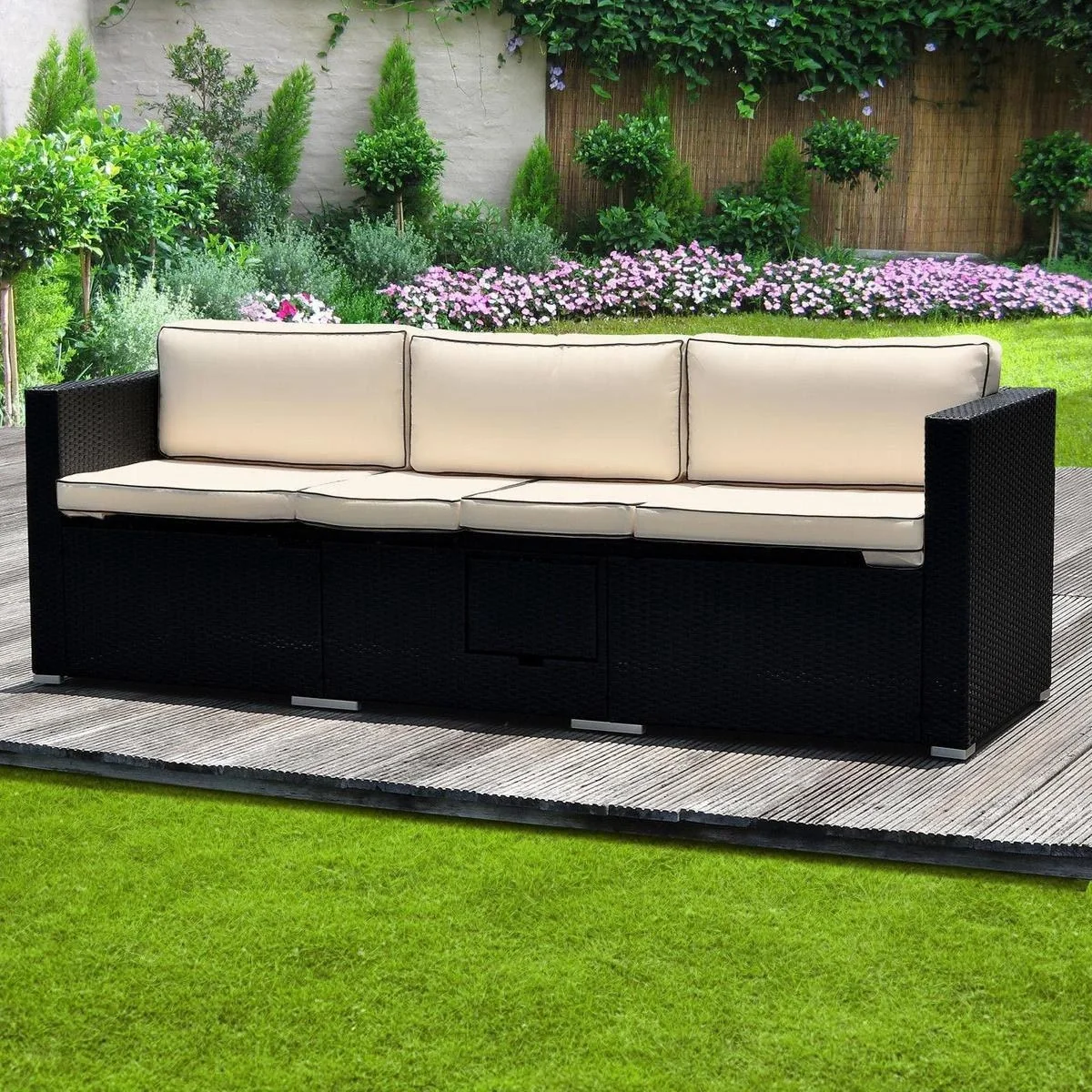 Polyrattan Sofa - Schwarz-Creme - 210x70x70Cm - Verstellbar - 5