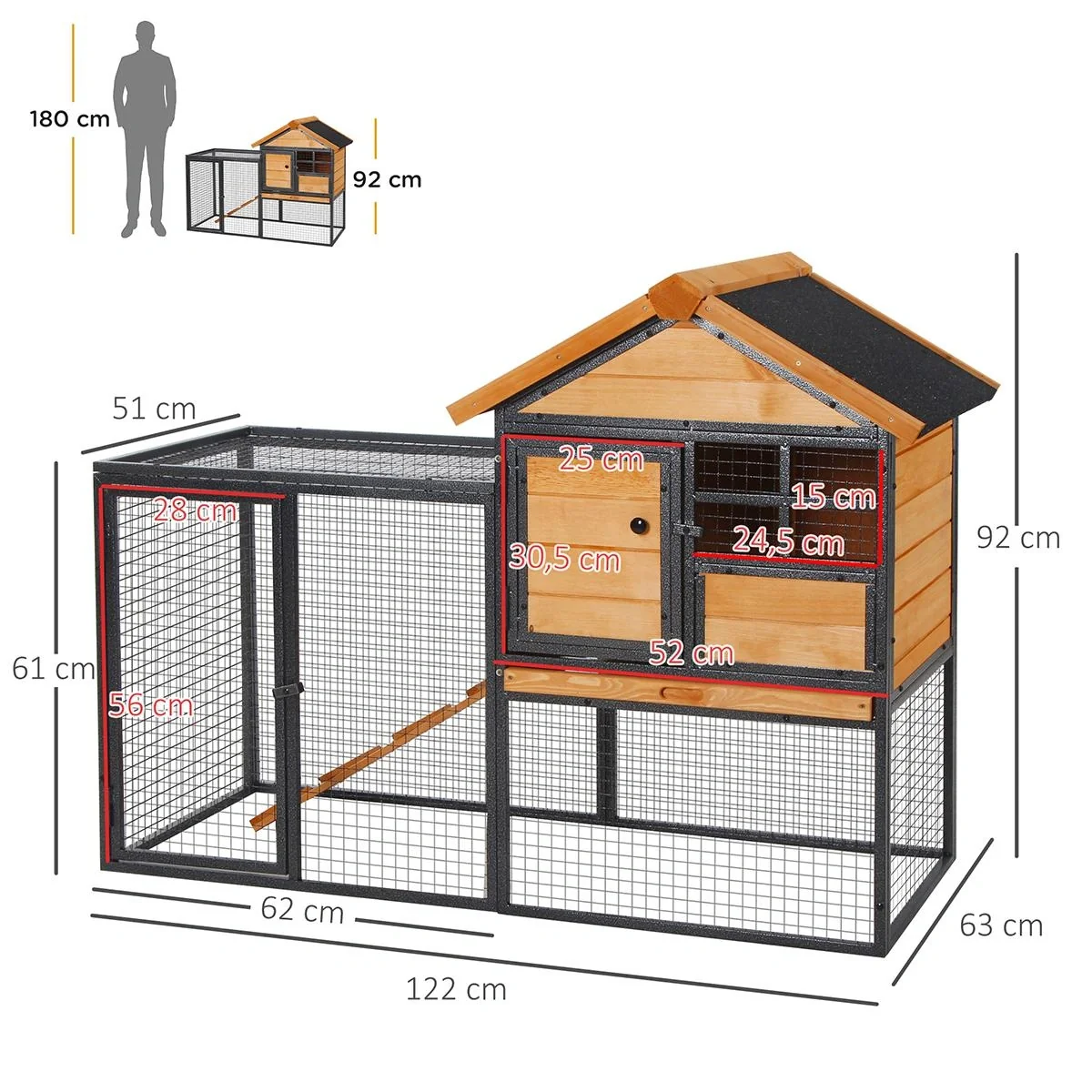 Kaninchenstall erhöhtes Haustier Haus mit Abschließbare Tür Outdoor Holz-Metall Hellgelb 122 x 63 x 92 cm - 5