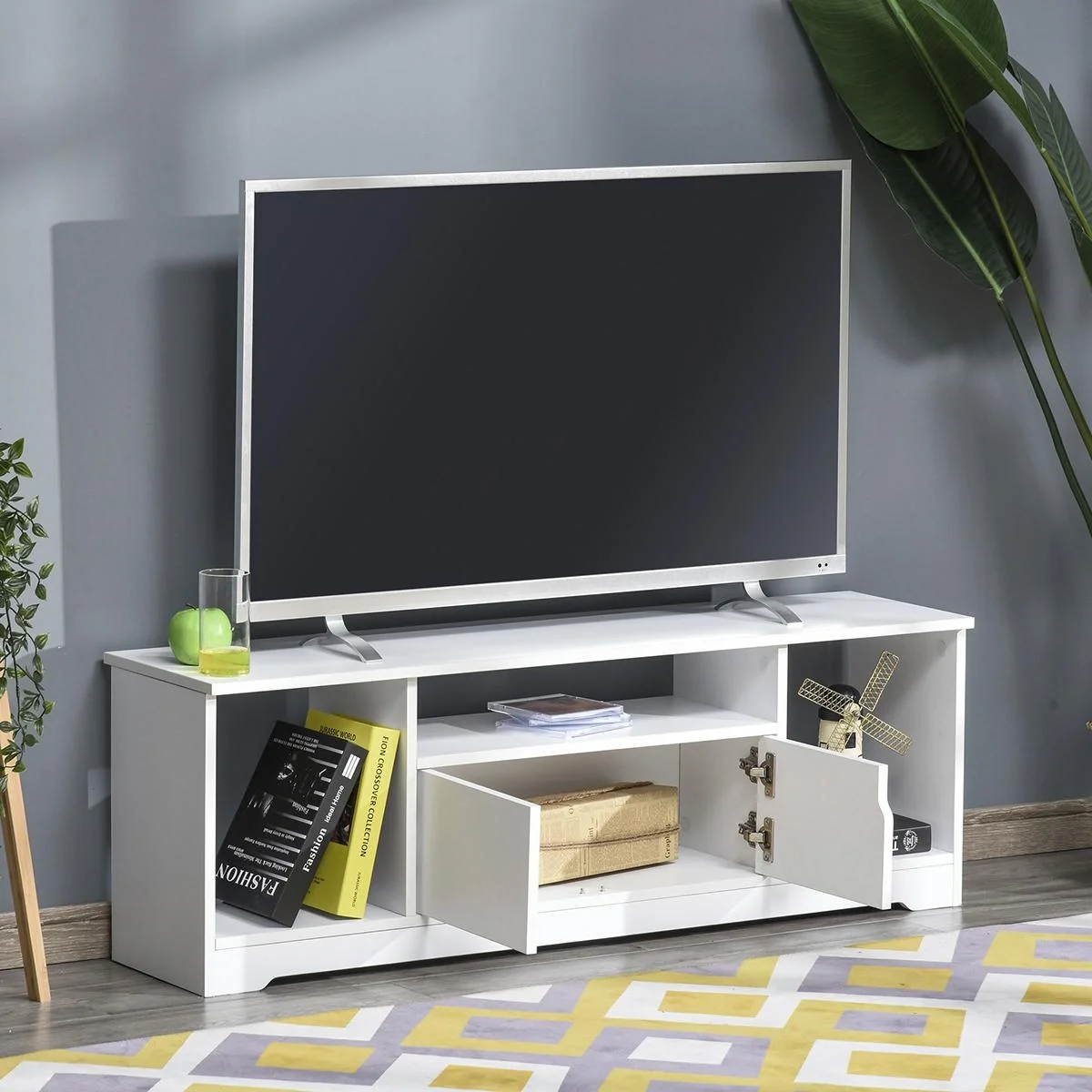 TV-Ständer, TV Schrank, TV-Kommode, Moderner Fernsehtisch mit Schrank und Offene Regale, Spanplatte, Weiß, 120 x 30 x 41 - 4