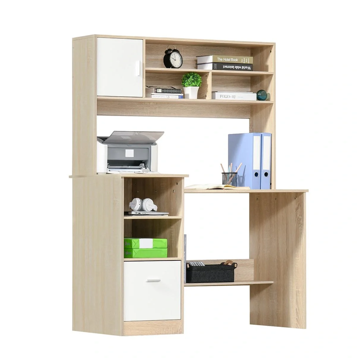 Schreibtisch Computertisch mit Bücherregal Home-Office Eiche Weiß Spanplatte 120 x 60 x 160 cm Bürotisch Schublade und A - 4