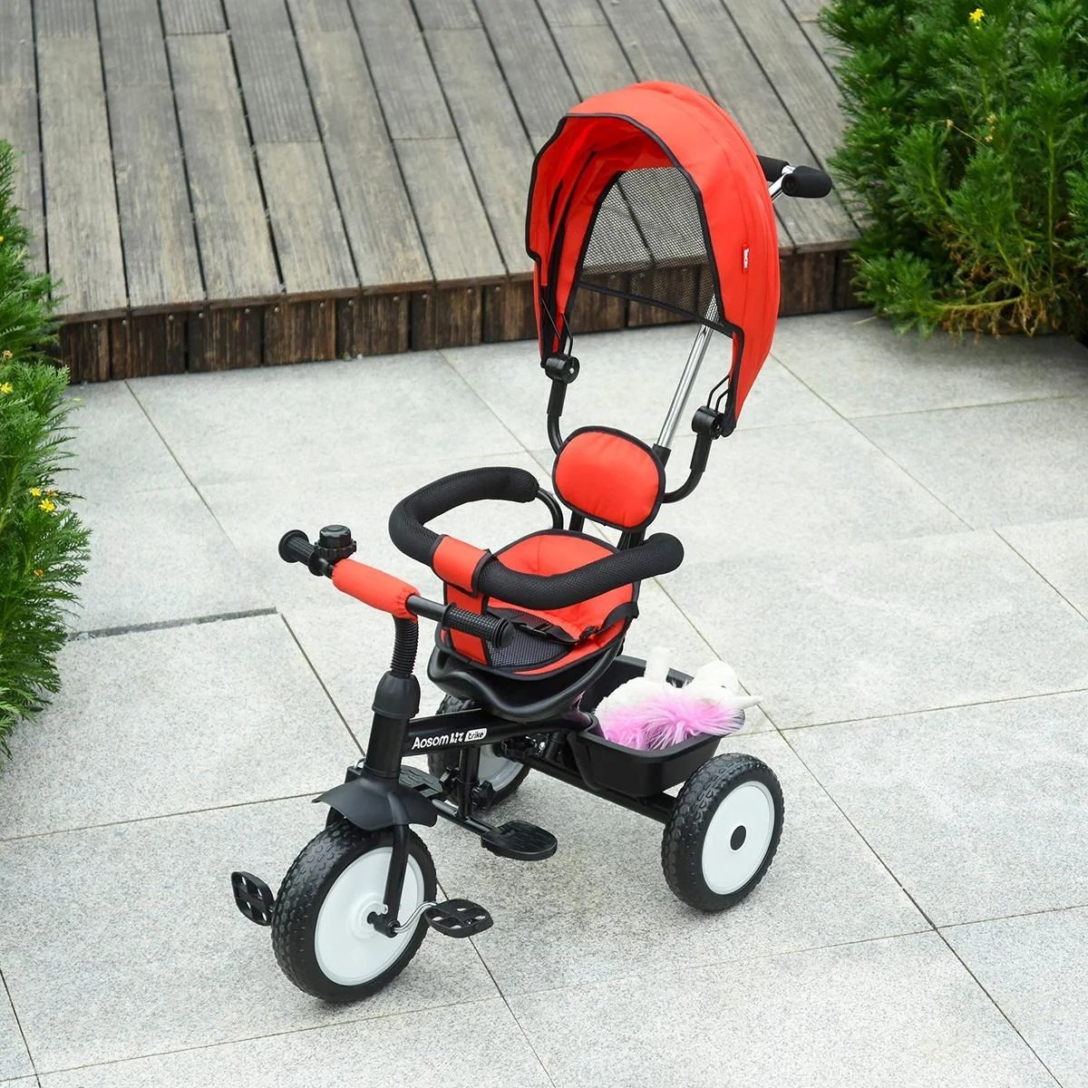 6 in 1 Kinderdreirad Dreirad Kinder Fahrrad Rad Kinderwagen Schubstange Sonnendach Sicherheitsgurt 6-60 Monate Rot+Schwa - 3