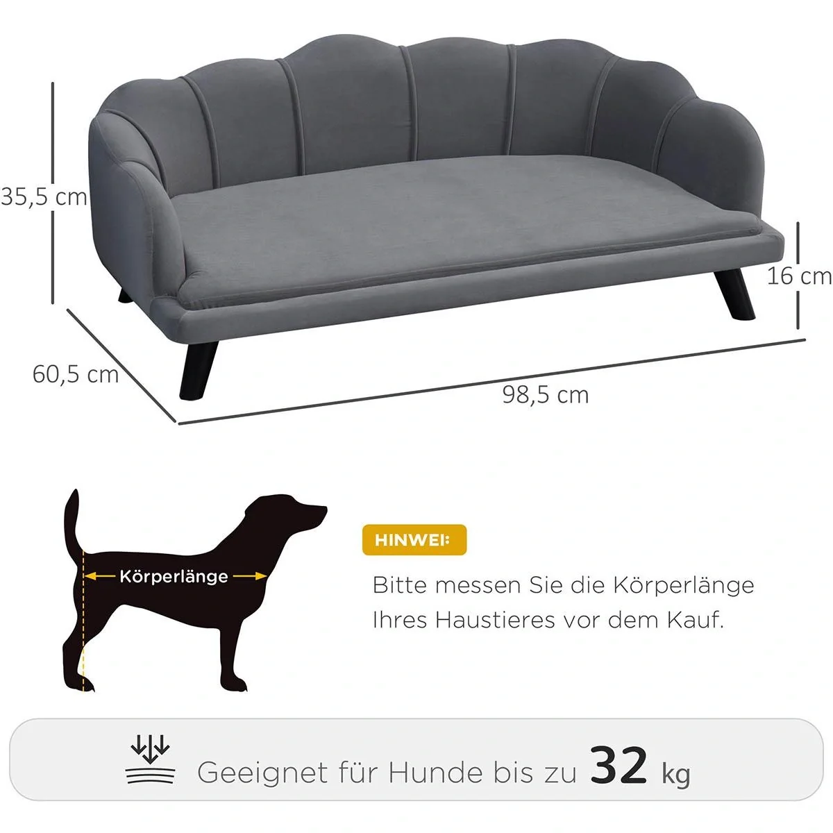 Hundesofa mit Rückenlehne Haustiersofa mit Holzbeinen Hundebett Weichem Bezug, Katzensofa Dunkelgrau 98,5x60,5x35,5 cm - 5