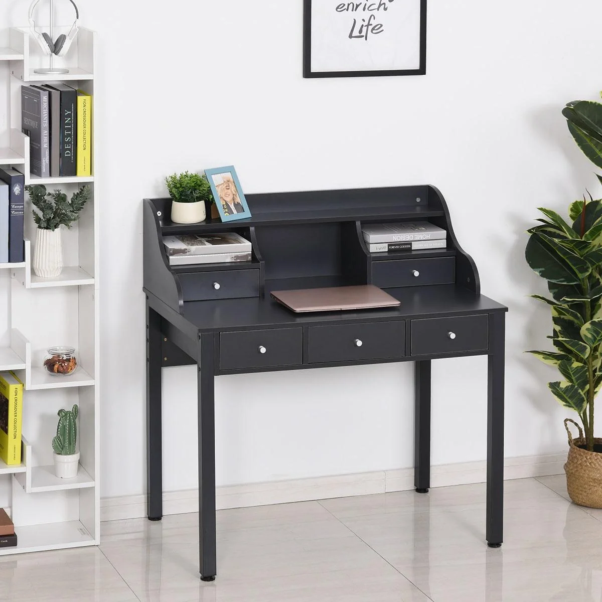 Schreibtisch mit Regal Schublade, Arbeitstisch, Computertisch, Bürotisch, MDF, Dunkelgrau, 100 x 60 x 105 cm - 4